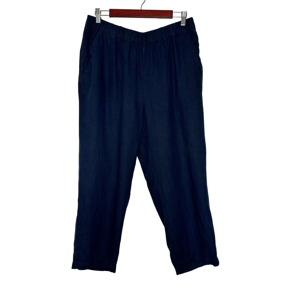 Quince Linen Pants Size L Deep Blue Navy Pull on Straight Leg Elastic Waist